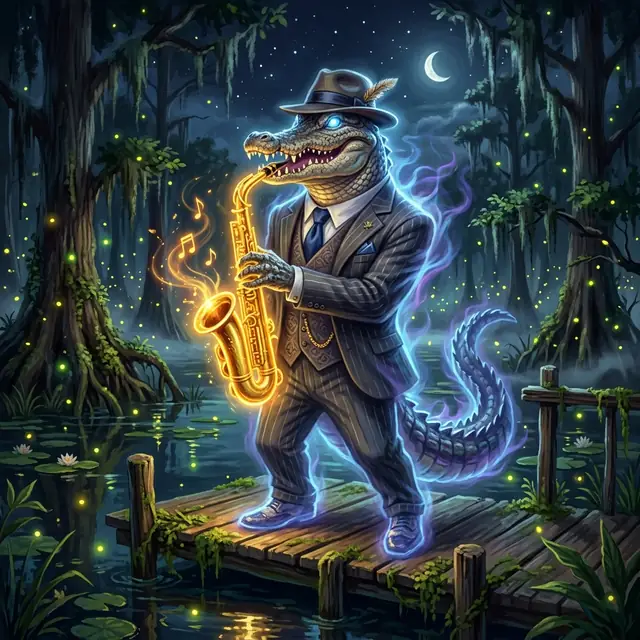 Barnaby the spectral gator playing saxophone